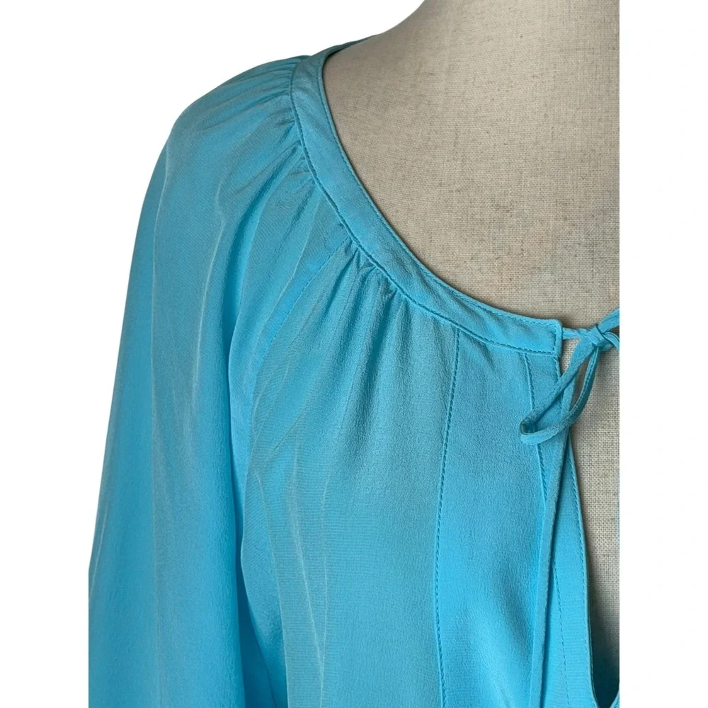 Tyler Boe Silk Tunic Top Women Medium Blue Tassel Tie Long Sleeve Blouse Preppy - Picture 5 of 12